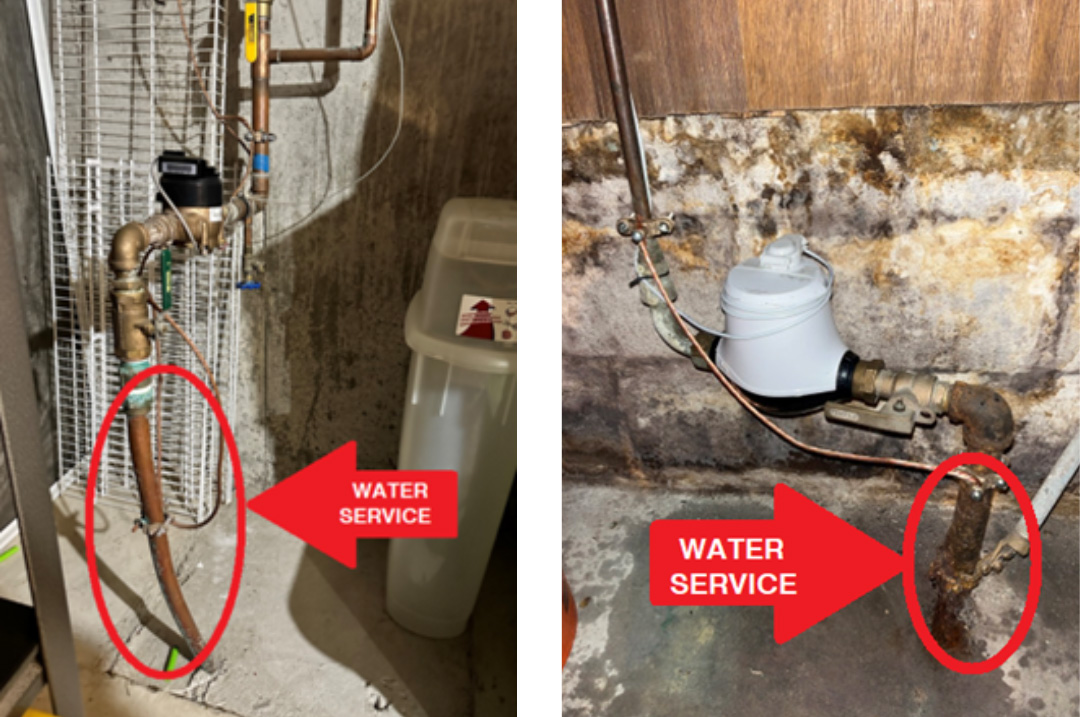 Image of two copper water service lines entering the home. the service lines on both pictures are circled in red. There is an arrow pointing to the circled service line on both photos. The water services have pictures of water meters.