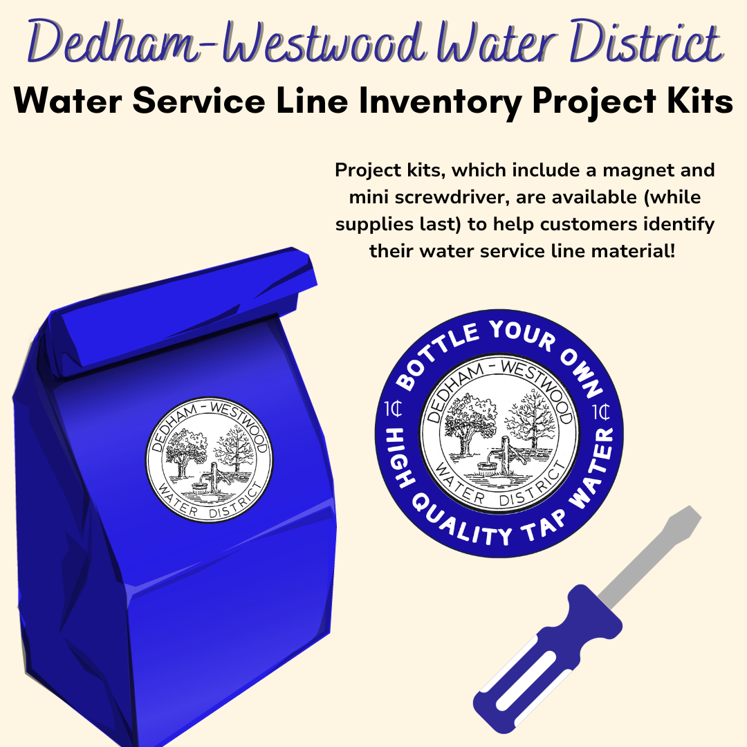 Graphic: Text: Dedham-Westwood Water District Water Service Line Inventory Project Kits Image of a blue bag with a DWWD seal. Image of a magnet with the District's logo. Image of a mini blue screwdriver. Text: Project kits, which include a magnet and mini screwdriver are available (while supplies last) to help customers identify their water service line material!